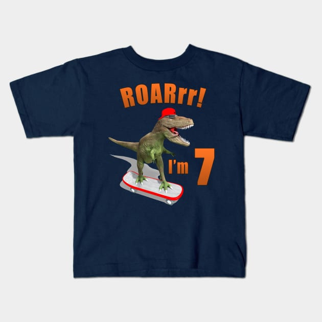 Kids Dino 7th Birthday T-Rex Kids T-Shirt by macdonaldcreativestudios